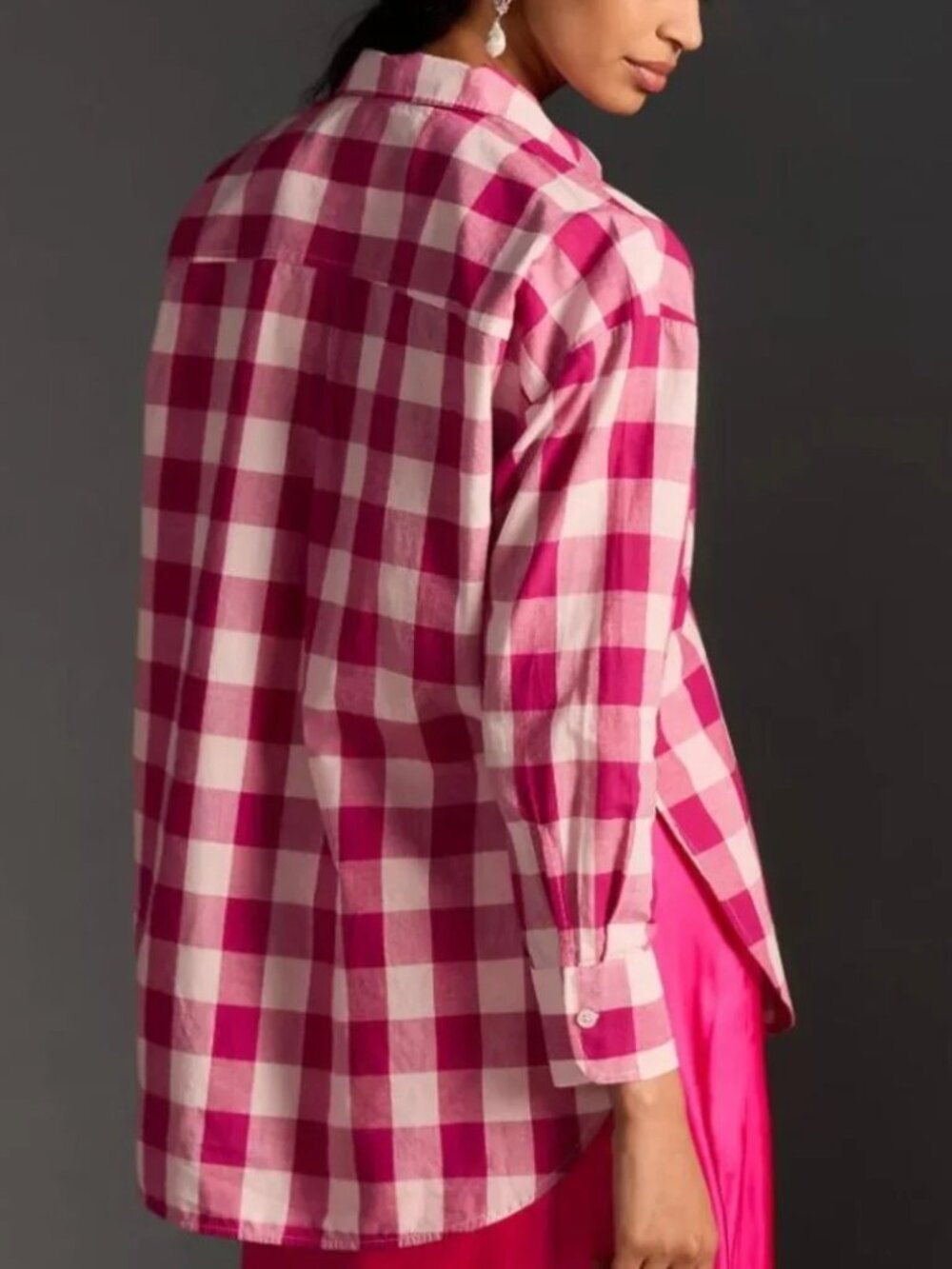 Maeve by Anthropologie Pink Buffalo Plaid Bennet Button Up Shirt Tunic Blouse
